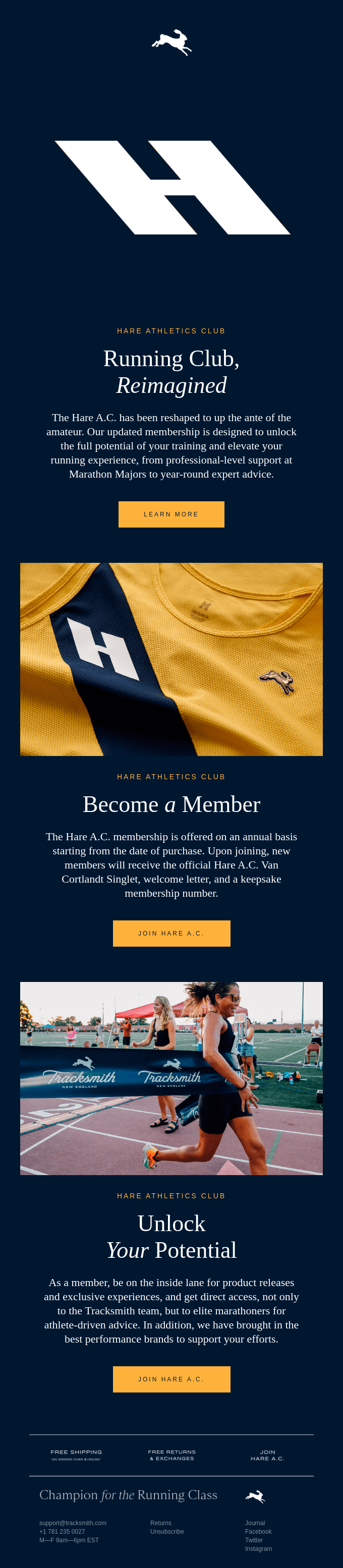 Tracksmith Hare A.C. membership email