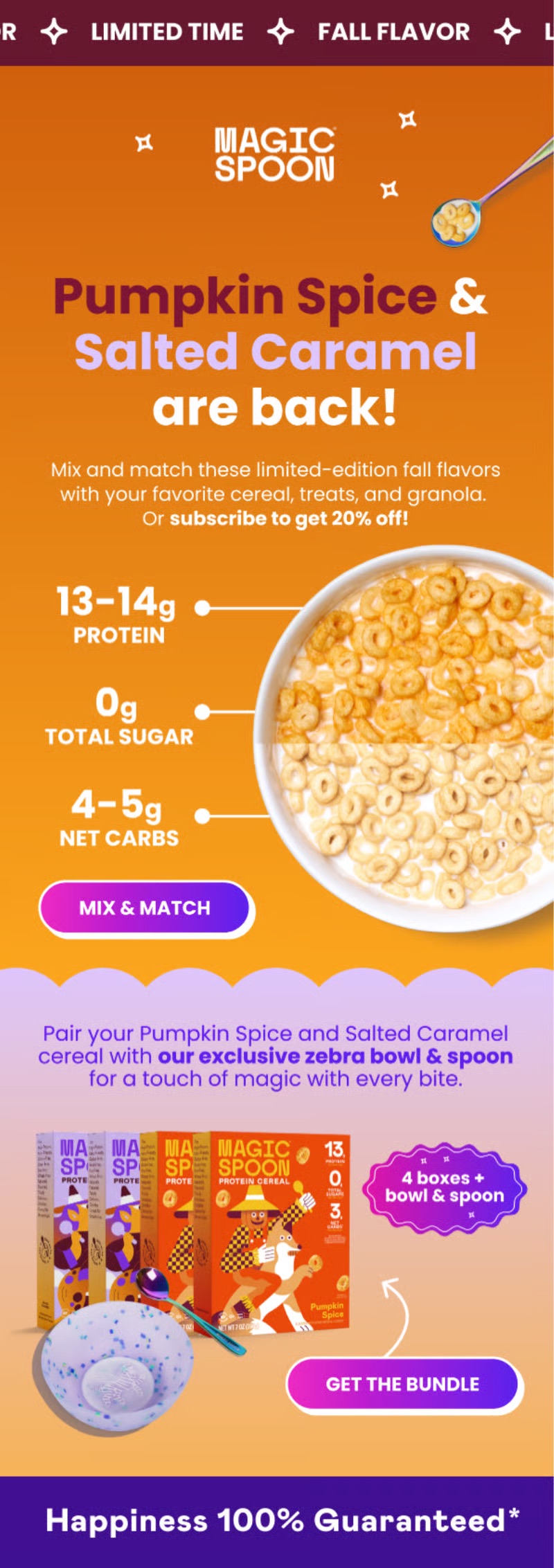 Magic Spoon email announcing Pumpkin Spice and Salted Caramel are back with mix and match and subscribe offers