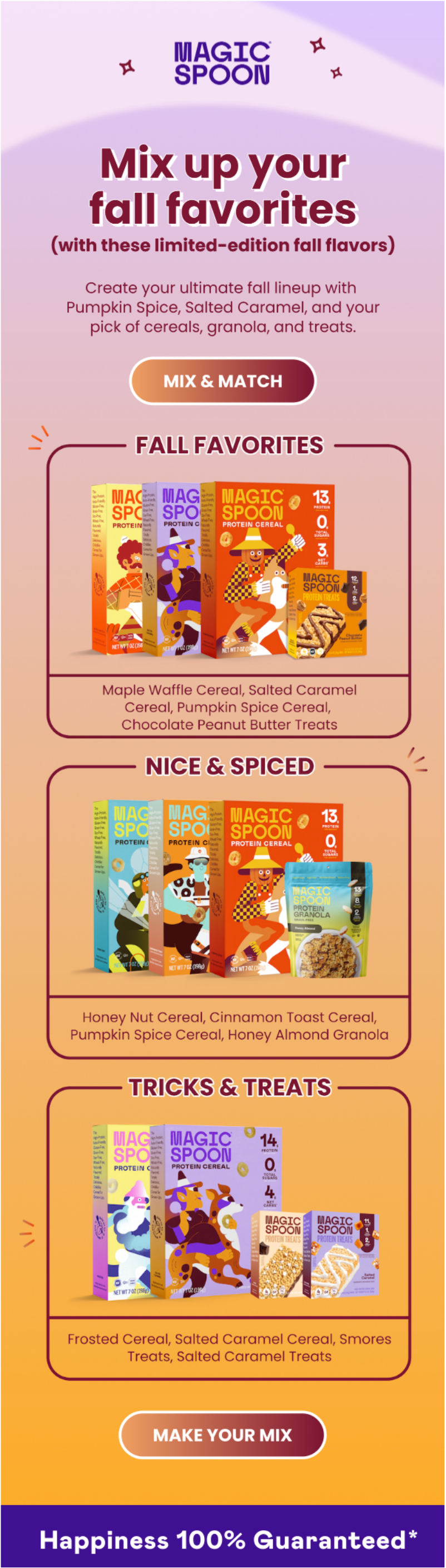 Magic Spoon mix and match email with Fall Favorites and Tricks and Treats bundles
