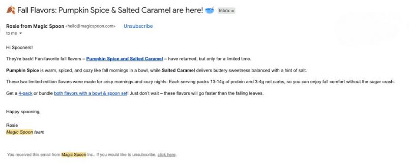 Magic Spoon plain-text email from Rosie announcing fall flavors