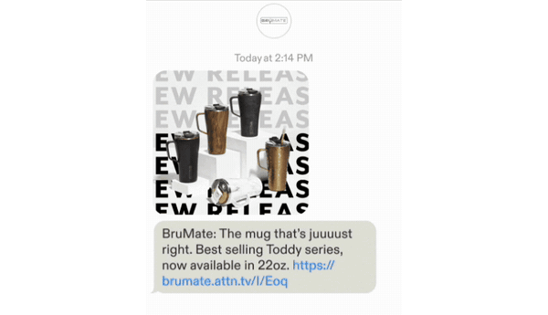 BruMate SMS announcing the Toddy mug in 22oz with an animated New Release image