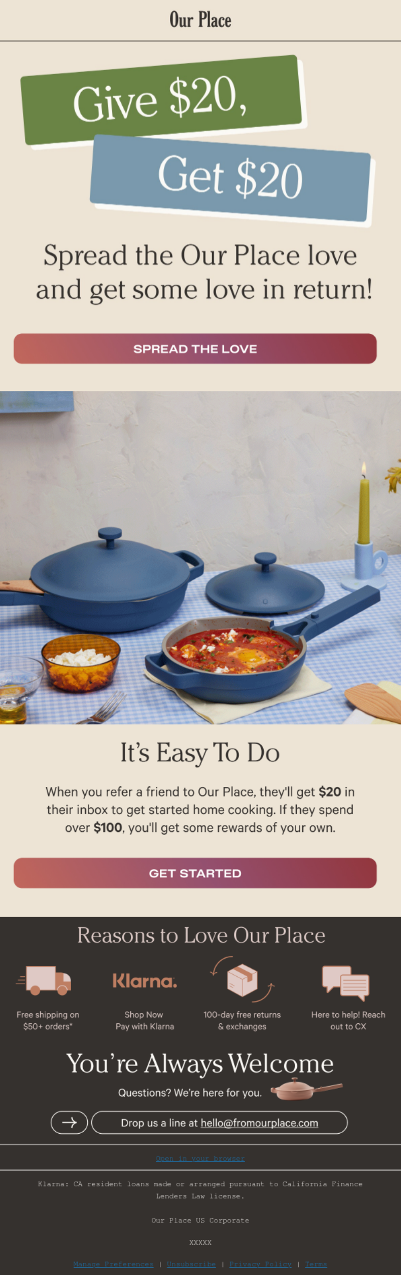 Our Place coupon email, Give $20, get $20 referral