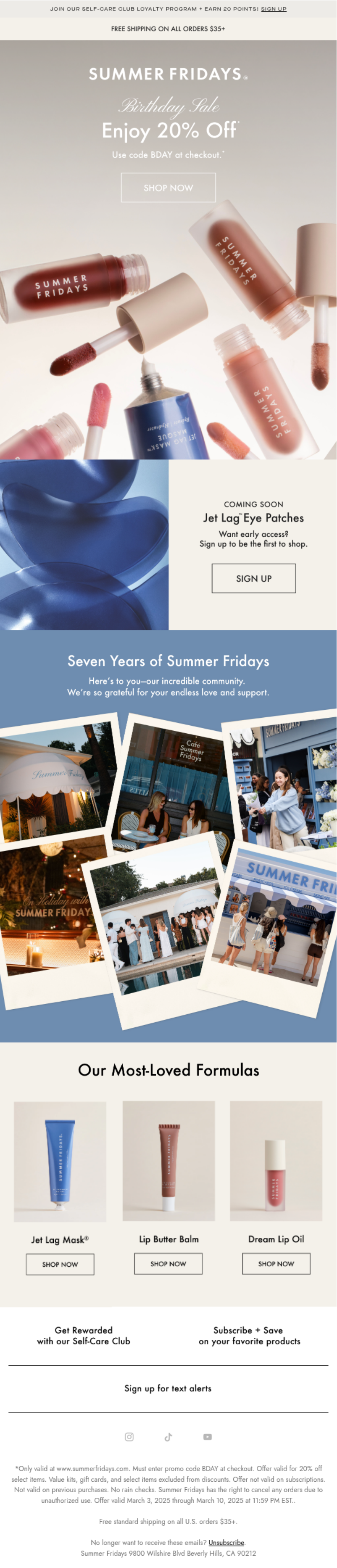 Summer Fridays coupon email, 20% birthday sale