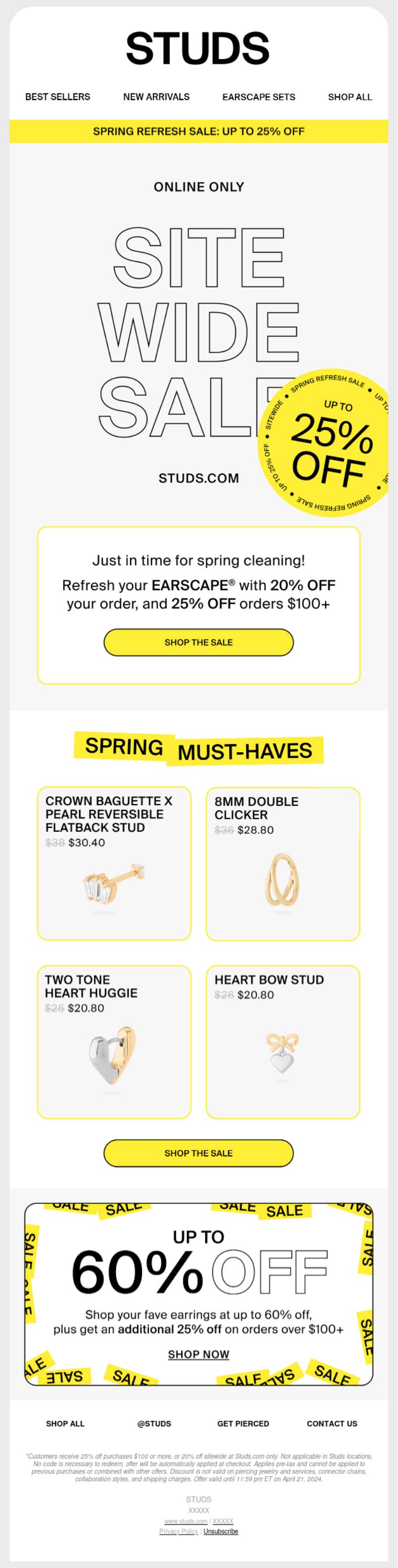 Studs coupon email, Sitewide sale with tiered savings