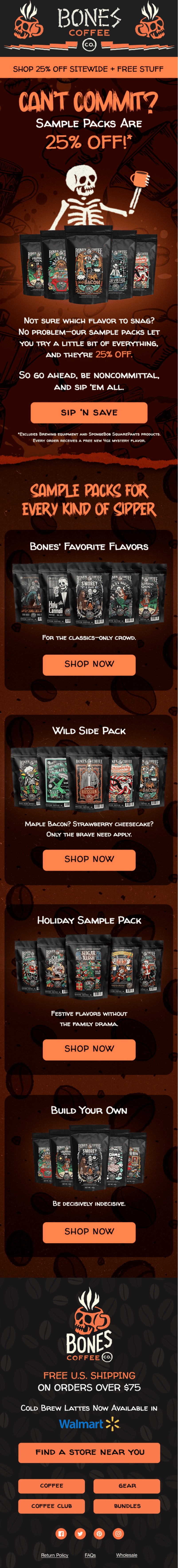 Bones Coffee Company coupon email, 25% off sample packs