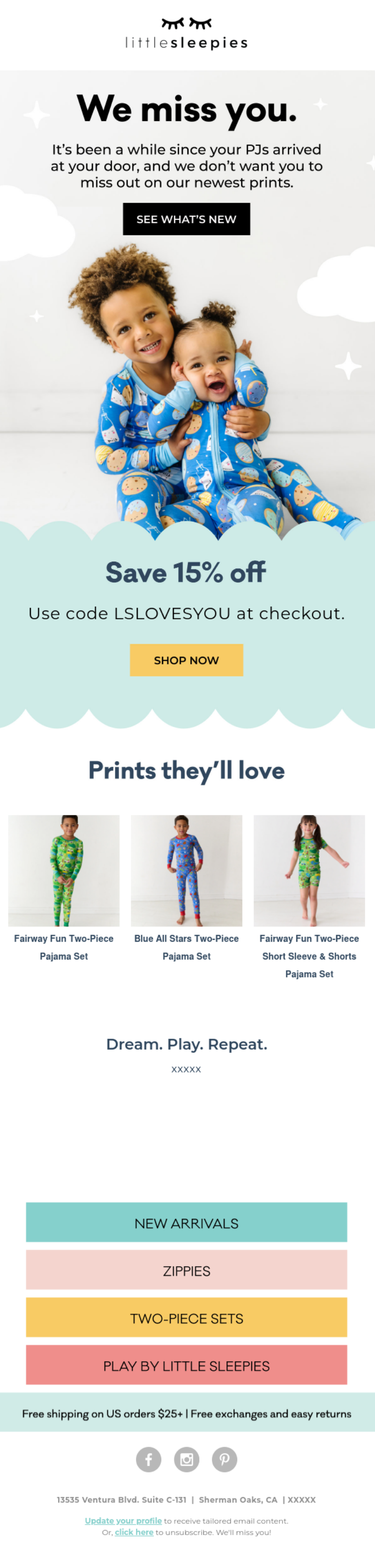 Little Sleepies coupon email, 15% off we miss you