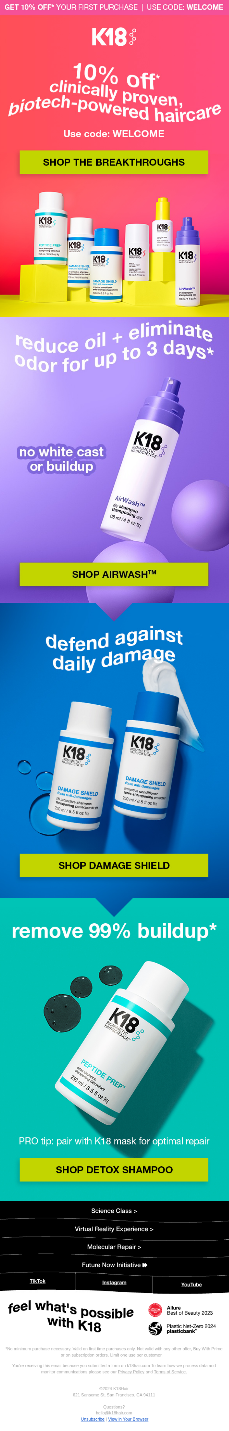 K18 coupon email, 10% off your first purchase