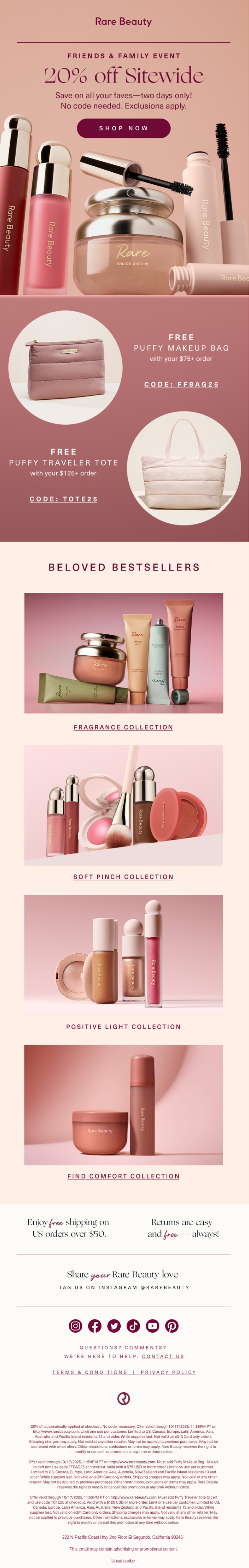 Rare Beauty coupon email, Friends and family plus a gift with purchase
