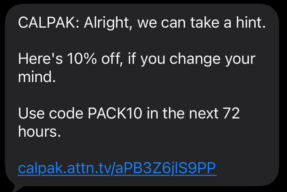 CALPAK text written conversationally, 10% off for 72 hours
