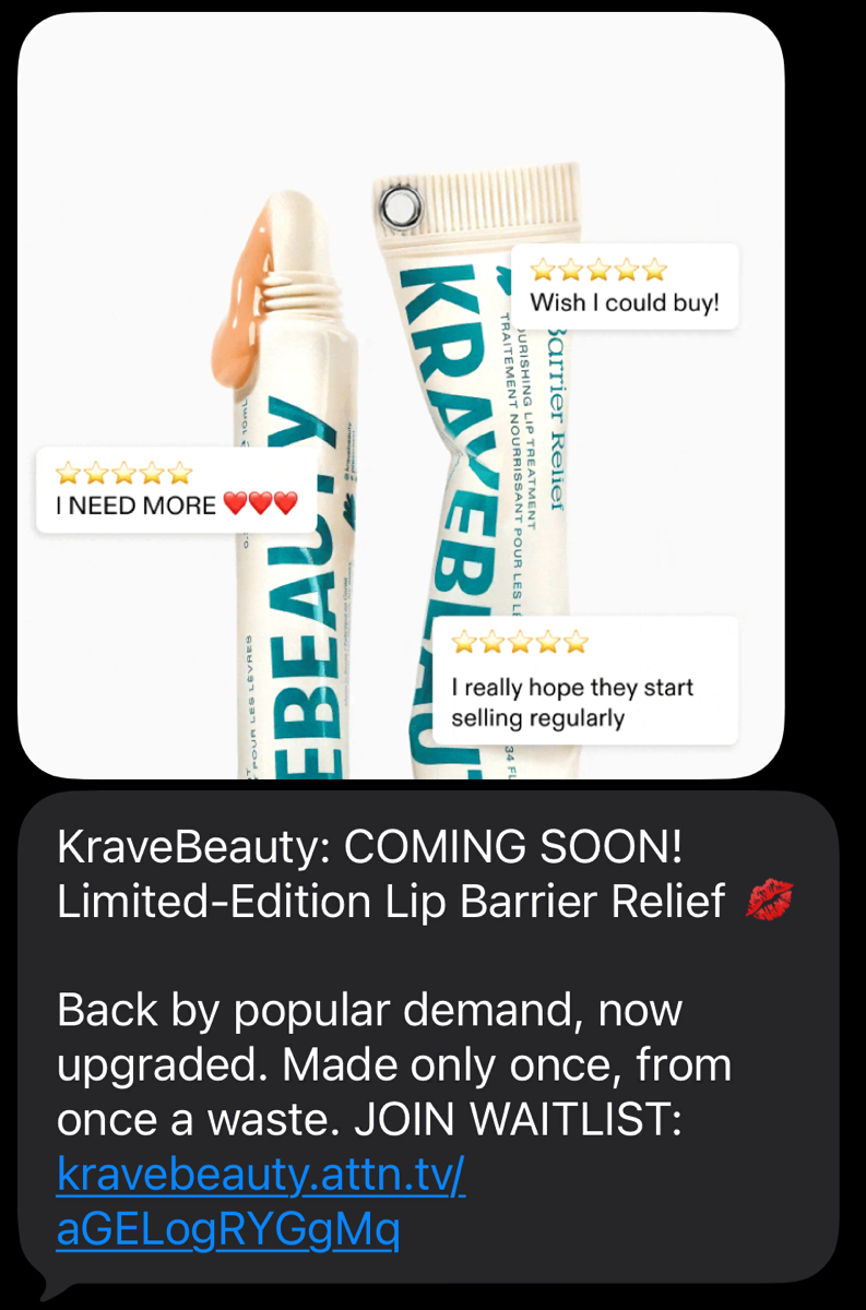 KraveBeauty MMS with product image and 5-star review cards, join the waitlist