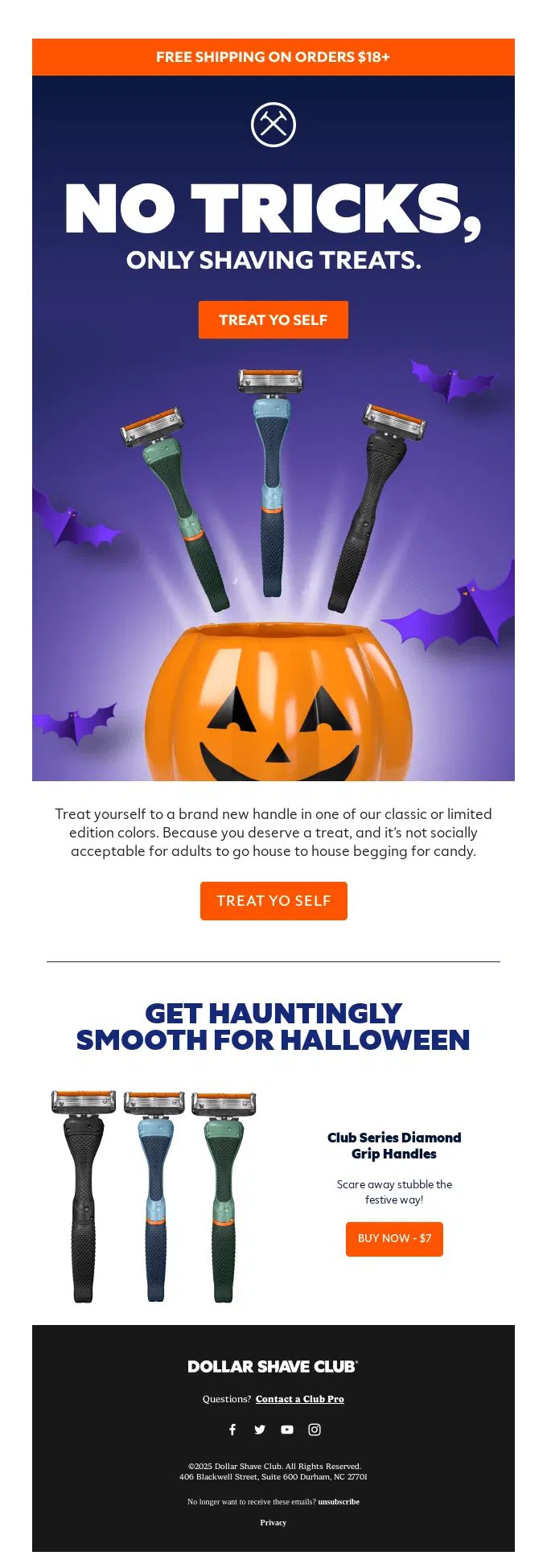 Dollar Shave Club Halloween email: No Tricks, Only Shaving Treats, razor handles rising out of a jack-o-lantern