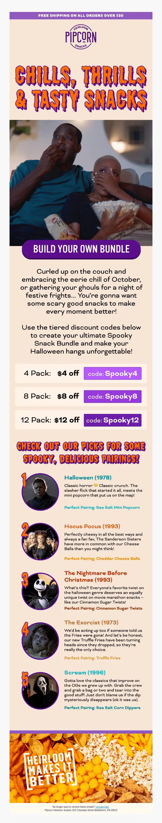 Pipcorn Halloween email: Chills, Thrills and Tasty Snacks, tiered bundle codes and horror movie snack pairings