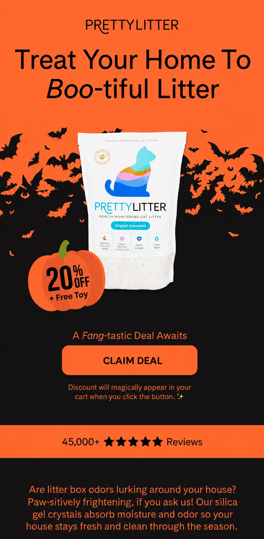 PrettyLitter Halloween email: Treat Your Home To Boo-tiful Litter, 20% off plus a free toy