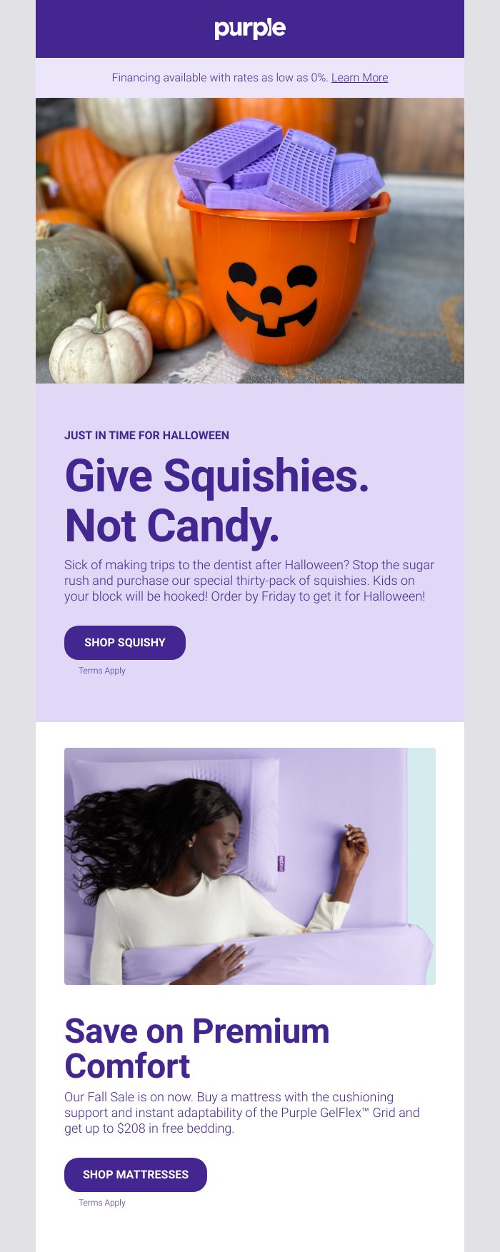 Purple Halloween email: Give Squishies. Not Candy., with purple squishies in a jack-o-lantern bucket