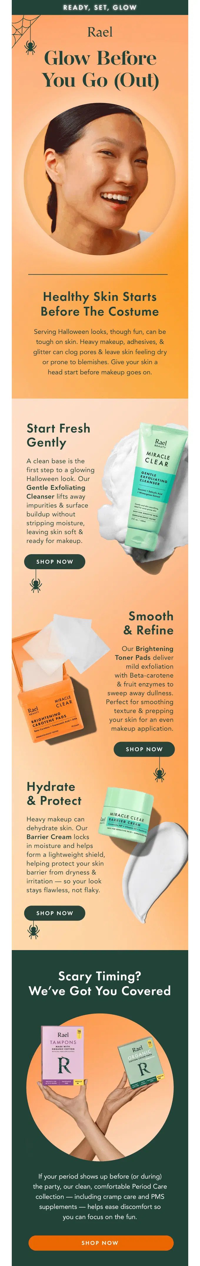 Rael Halloween email: Glow Before You Go (Out), with a 3-step skincare routine for Halloween makeup