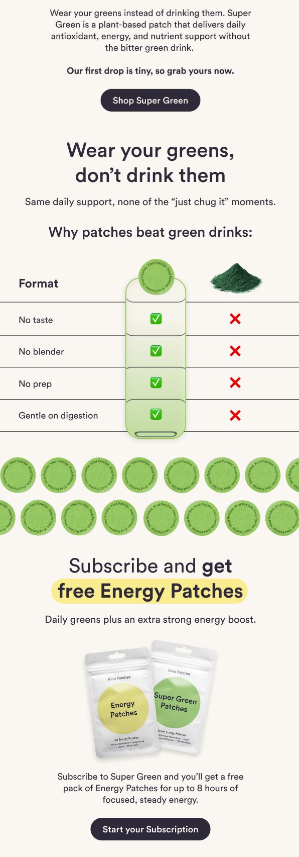 Kind Patches comparison chart of patches versus green drinks, plus a subscription offer
