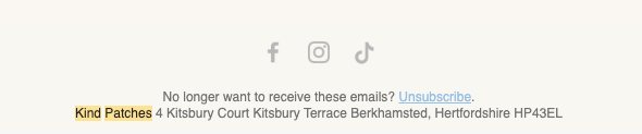 Kind Patches email footer with legal information and no navigation