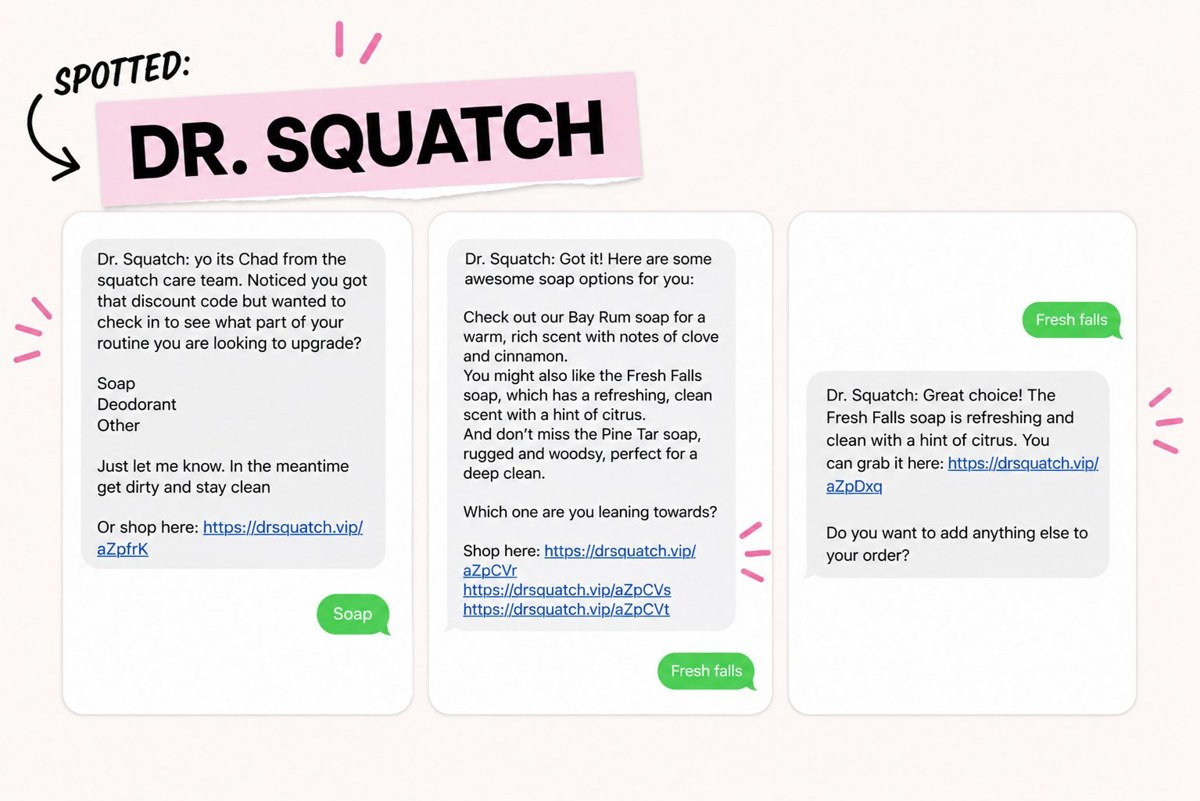 Dr. Squatch SMS conversation asking what part of your routine you want to upgrade, then recommending soaps