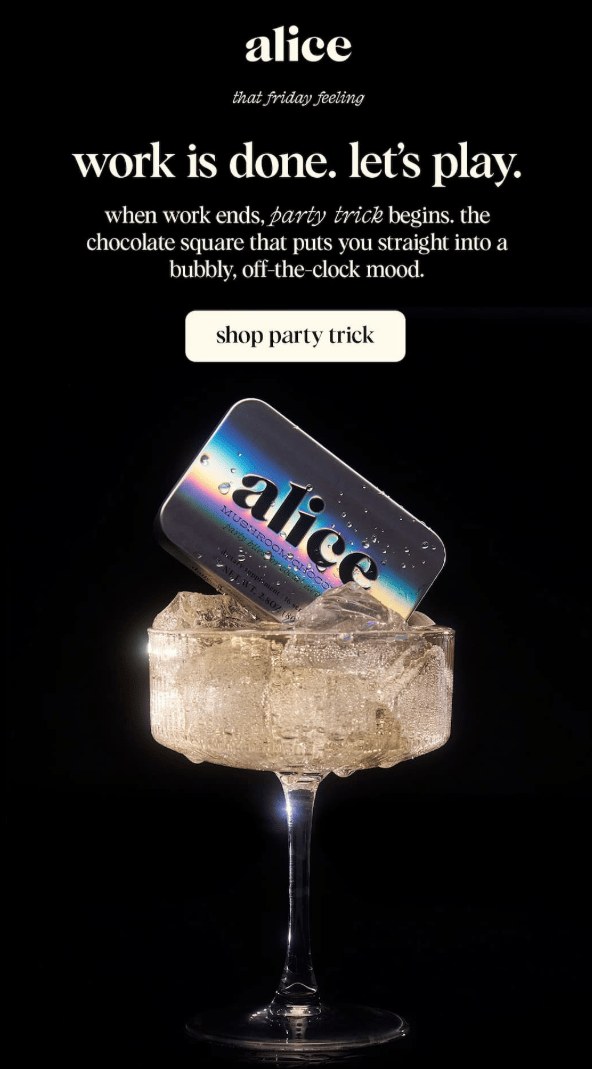 Alice Mushrooms Party Trick email header with product on a champagne coupe