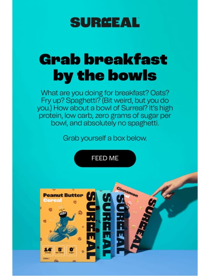 Surreal abandoned cart email header with FEED ME button