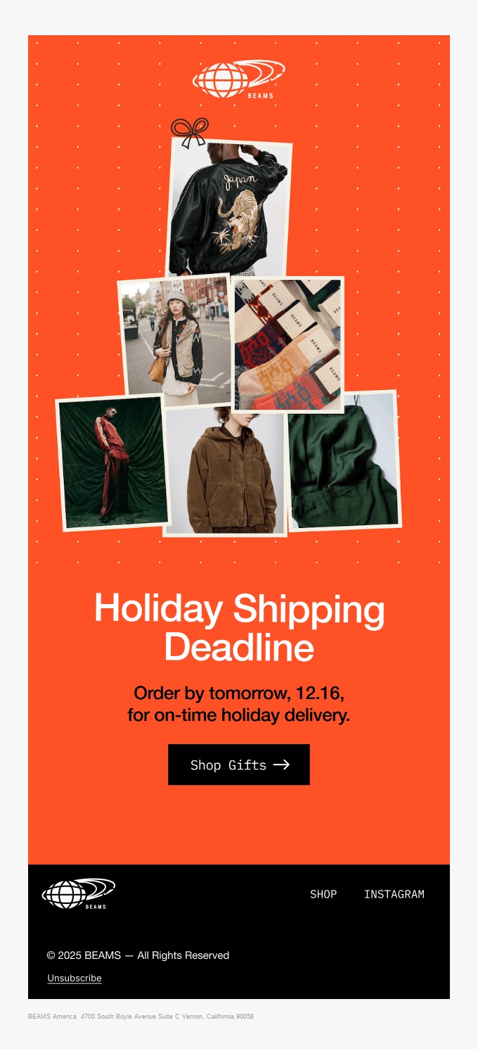 BEAMS holiday shipping cutoff email