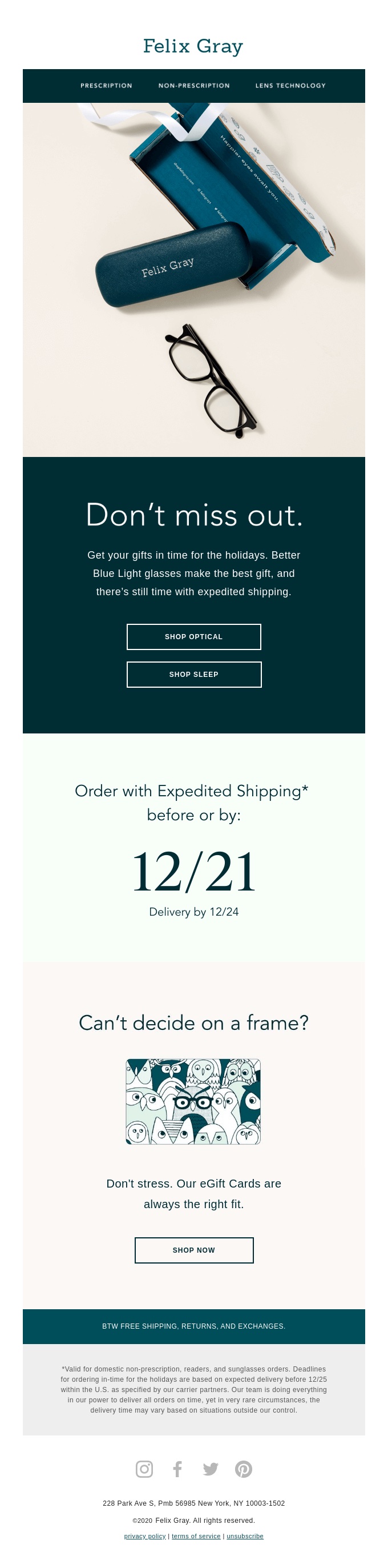 Felix Gray last minute gifting email