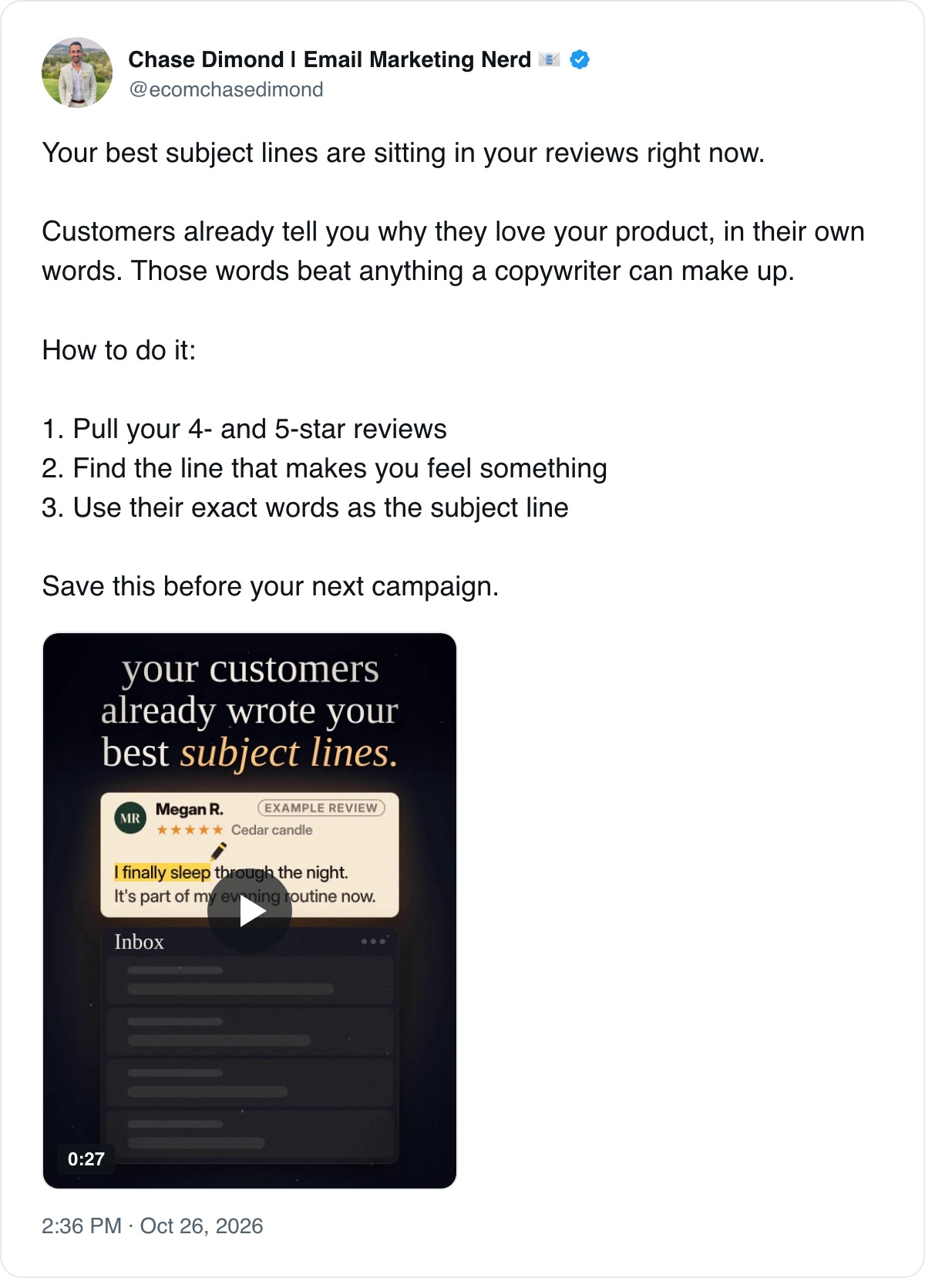 Chase Dimond: your best subject lines are sitting in your reviews right now