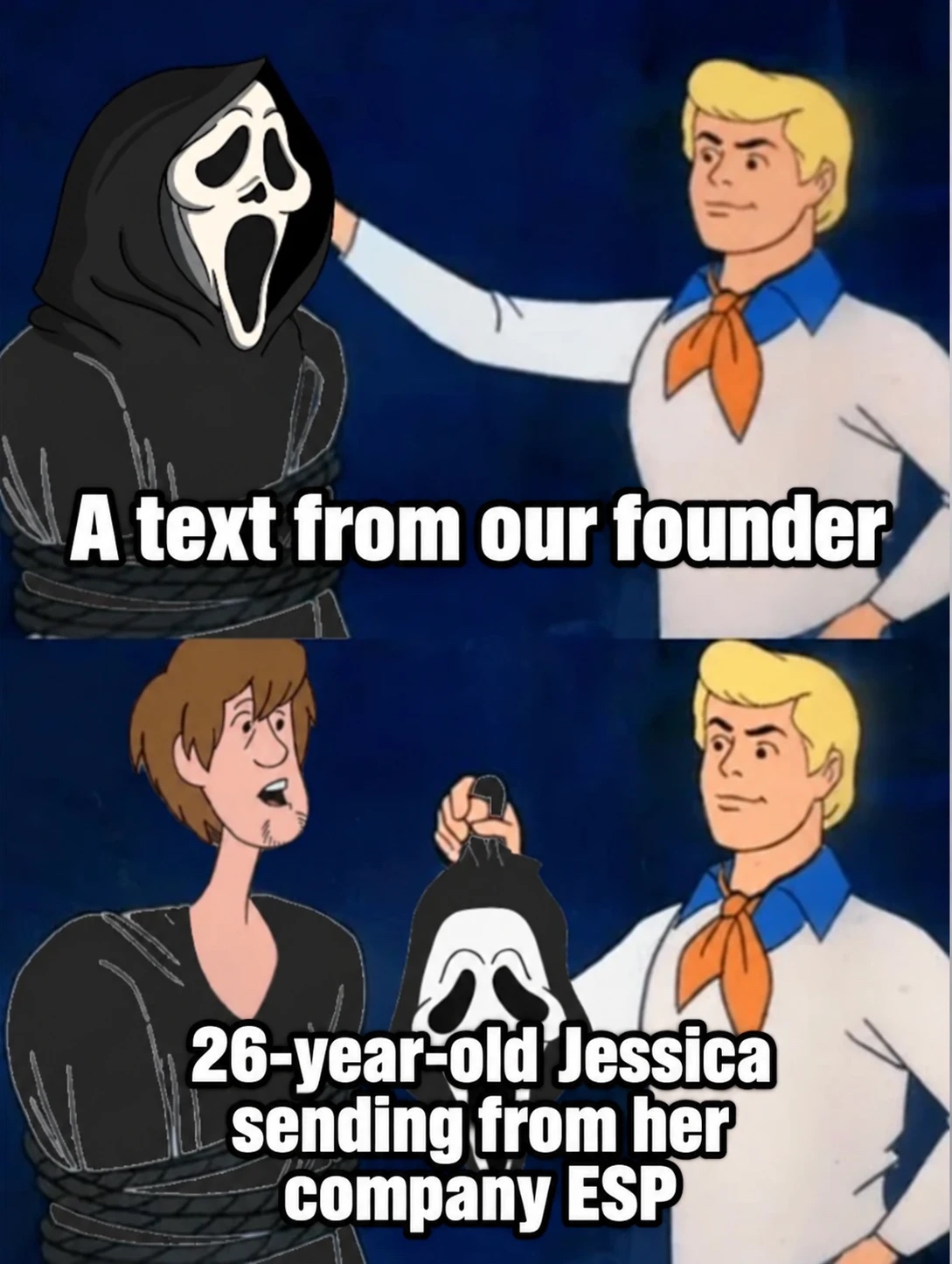 A text from our founder, versus 26-year-old Jessica sending from the company ESP